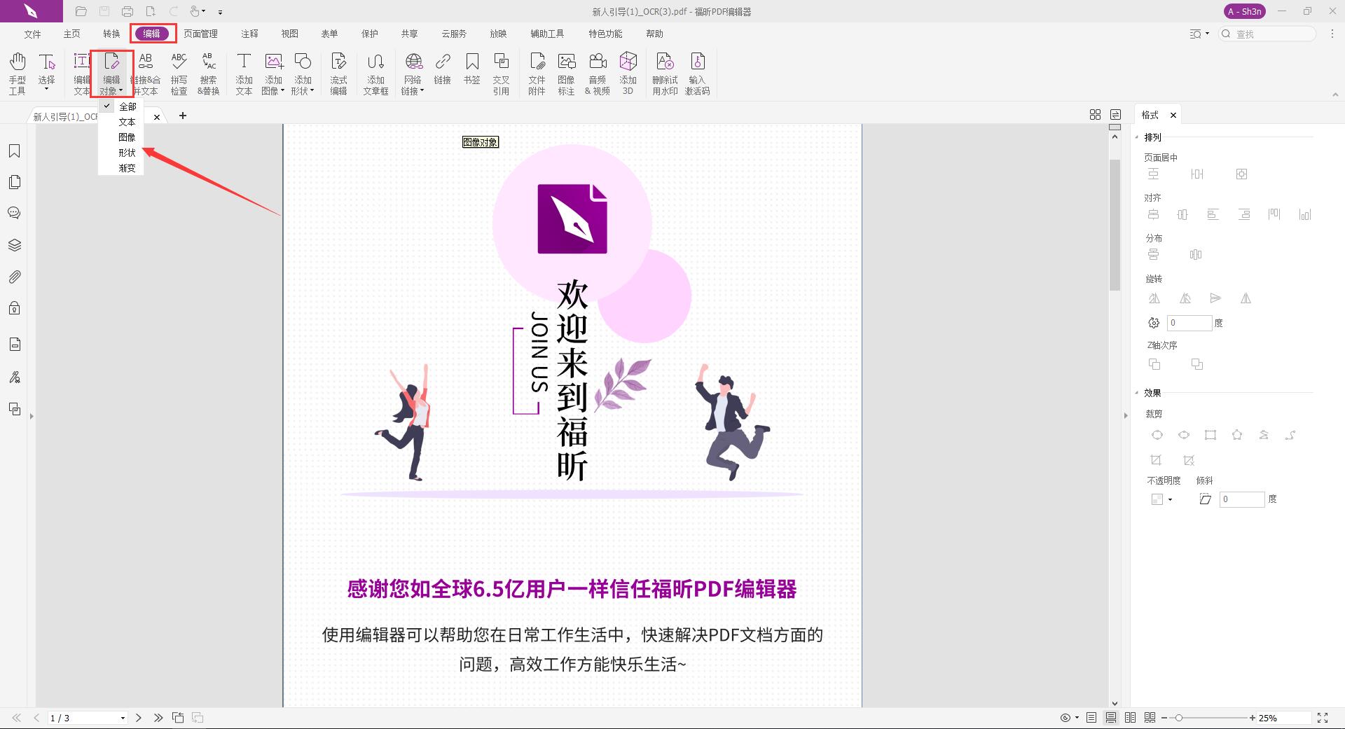 编辑对象的功能,下拉框中选择文本